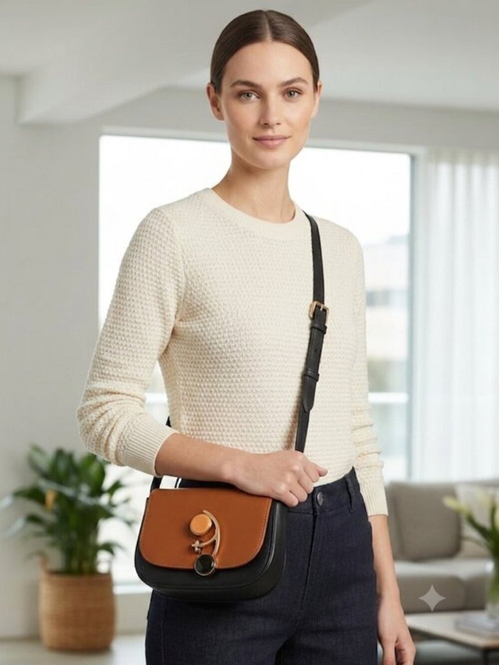 Statement Crossbody Bag Womens Small Brown & Black Leather Abstract Clasp Purse